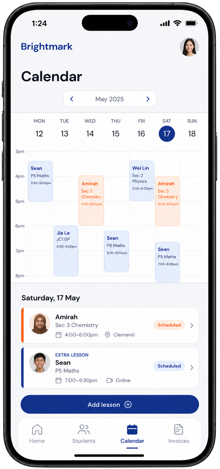 Brightmark calendar view — lesson schedule